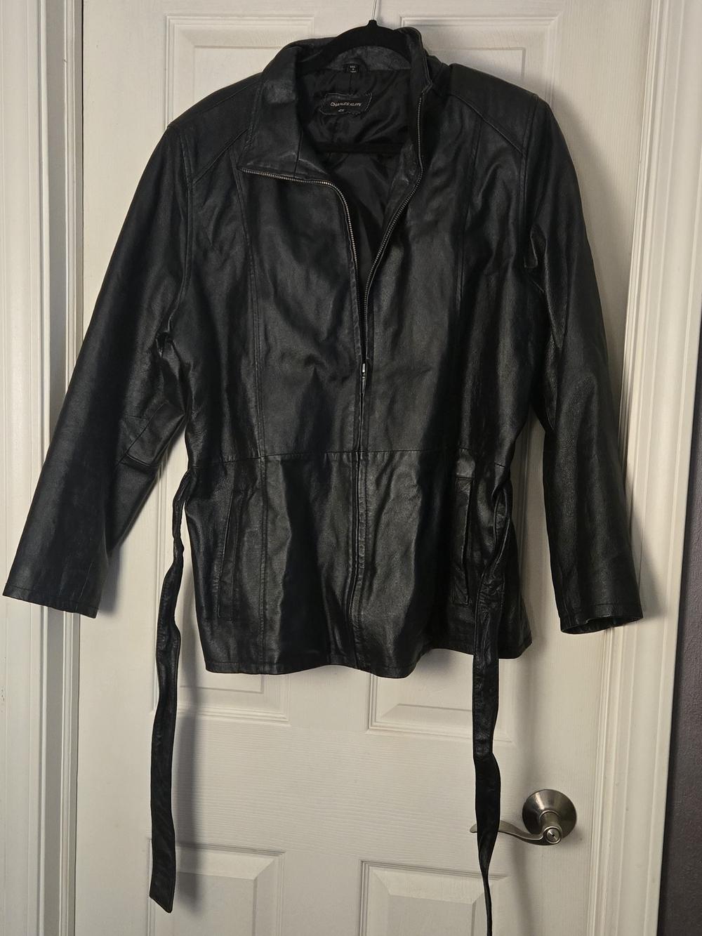 Charles Klein Black Faux Leather Zip Jacket with Waist Tie